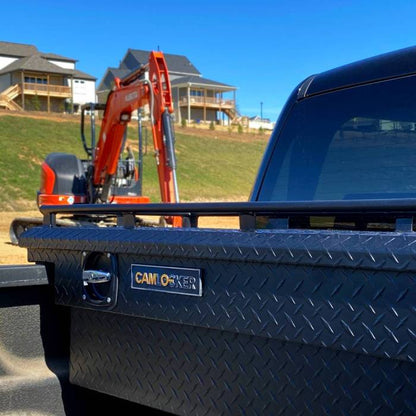 CamLocker King Size LOW PROFILE Aluminum Crossover Saddle-Style Pickup Truck Toolbox With Tie Down Rail on Lid - Matte Black CLKTBCAM-KS71LP-RLMB