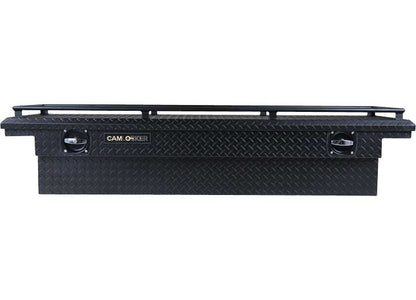 CamLocker Standard LOW PROFILE Aluminum Crossover Saddle-Style Pickup Truck Toolbox With Tie Down Rail on Lid - Matte Black CLKTBCAM-S71LP-RLMB