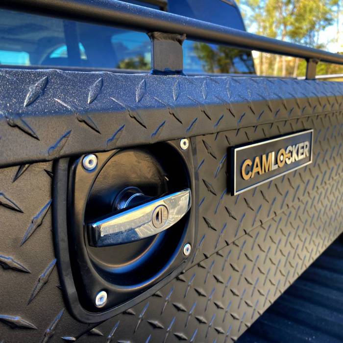 CamLocker Standard LOW PROFILE Aluminum Crossover Saddle-Style Pickup Truck Toolbox With Tie Down Rail on Lid - Matte Black CLKTBCAM-S71LP-RLMB