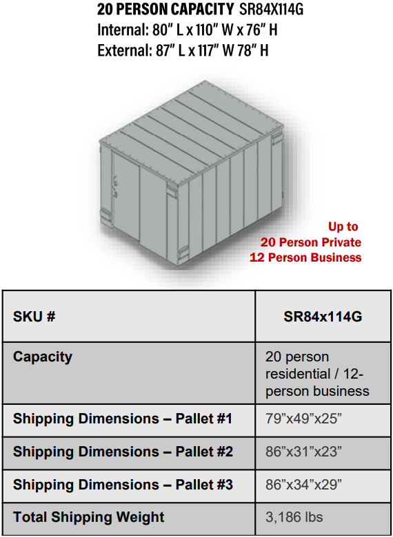 Swisher ESP Safety Shelter - Panelized/Modular Storm Shelter/Safe Room – EF5 Rated Protection 20 person capacity SR84x114G